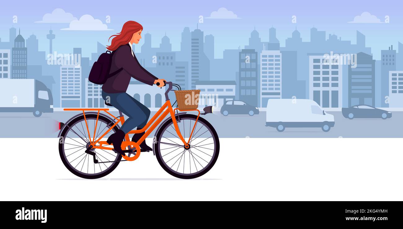 Mujer de moda montando en bicicleta por la calle de la ciudad, el transporte y el concepto de estilo de vida Ilustración del Vector