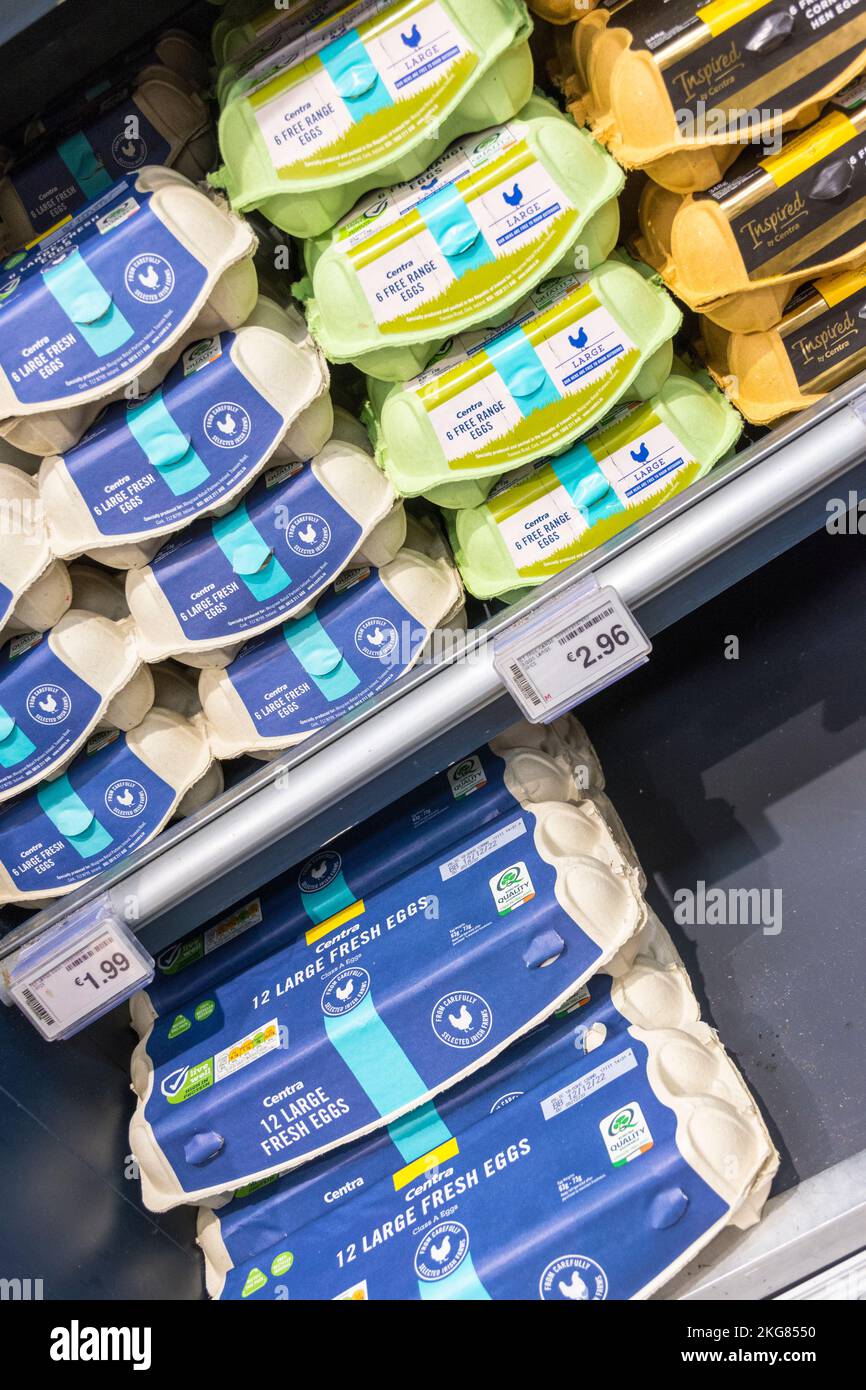 Selección de huevos a la venta en un supermercado Centra en Irlanda. Foto de stock