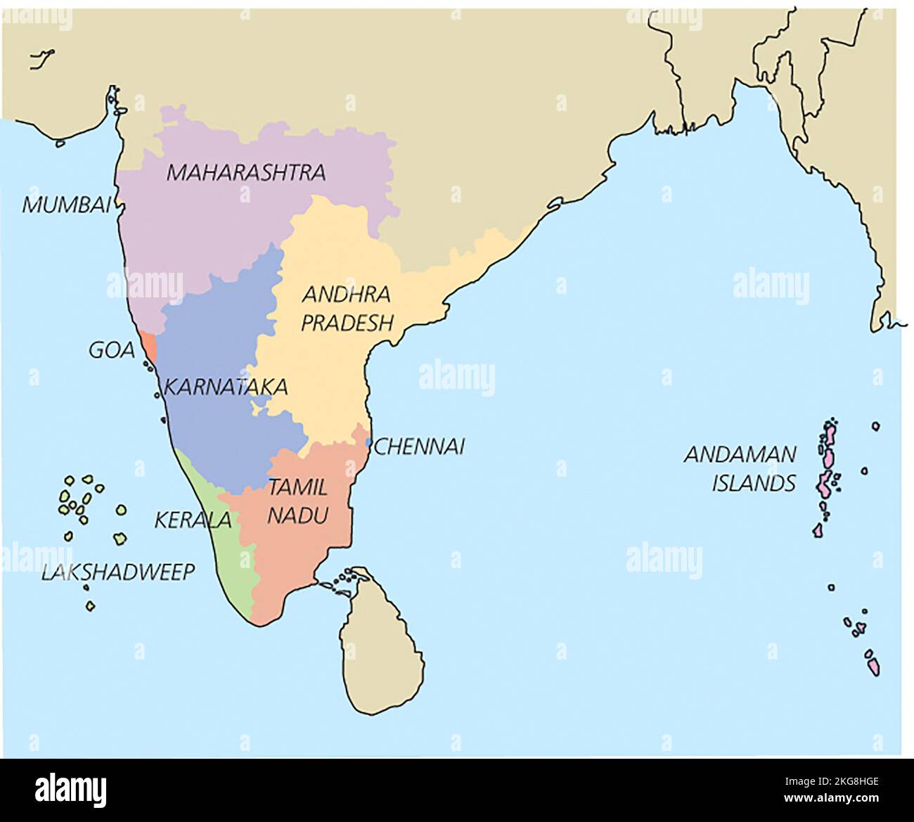 Mapa que muestra las regiones del sur de India Foto de stock