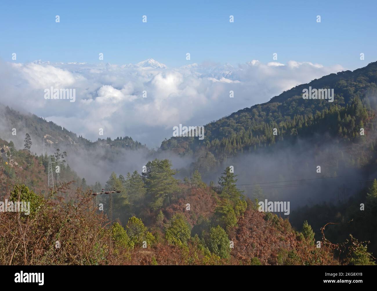Vista sobre las laderas boscosas de las montañas con Tíbet en la distancia Santuario de Vida Silvestre Eaglenest, Arunachal Pradesh, India Enero Foto de stock