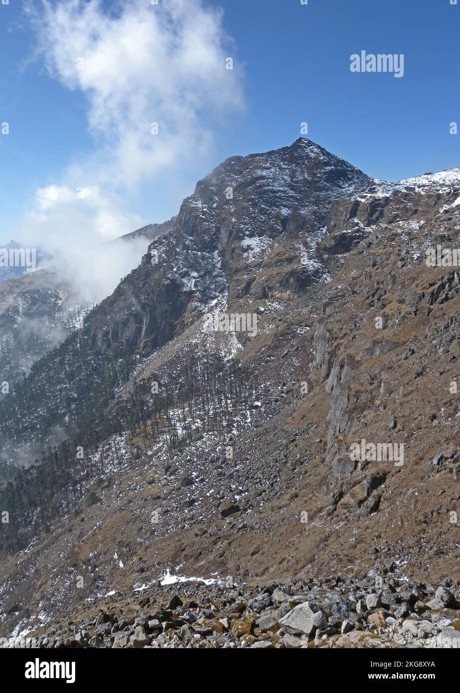 vista sobre las laderas altas escasamente vegetadas. Santuario de Vida Silvestre Eaglenest, Arunachal Pradesh, India Enero Foto de stock