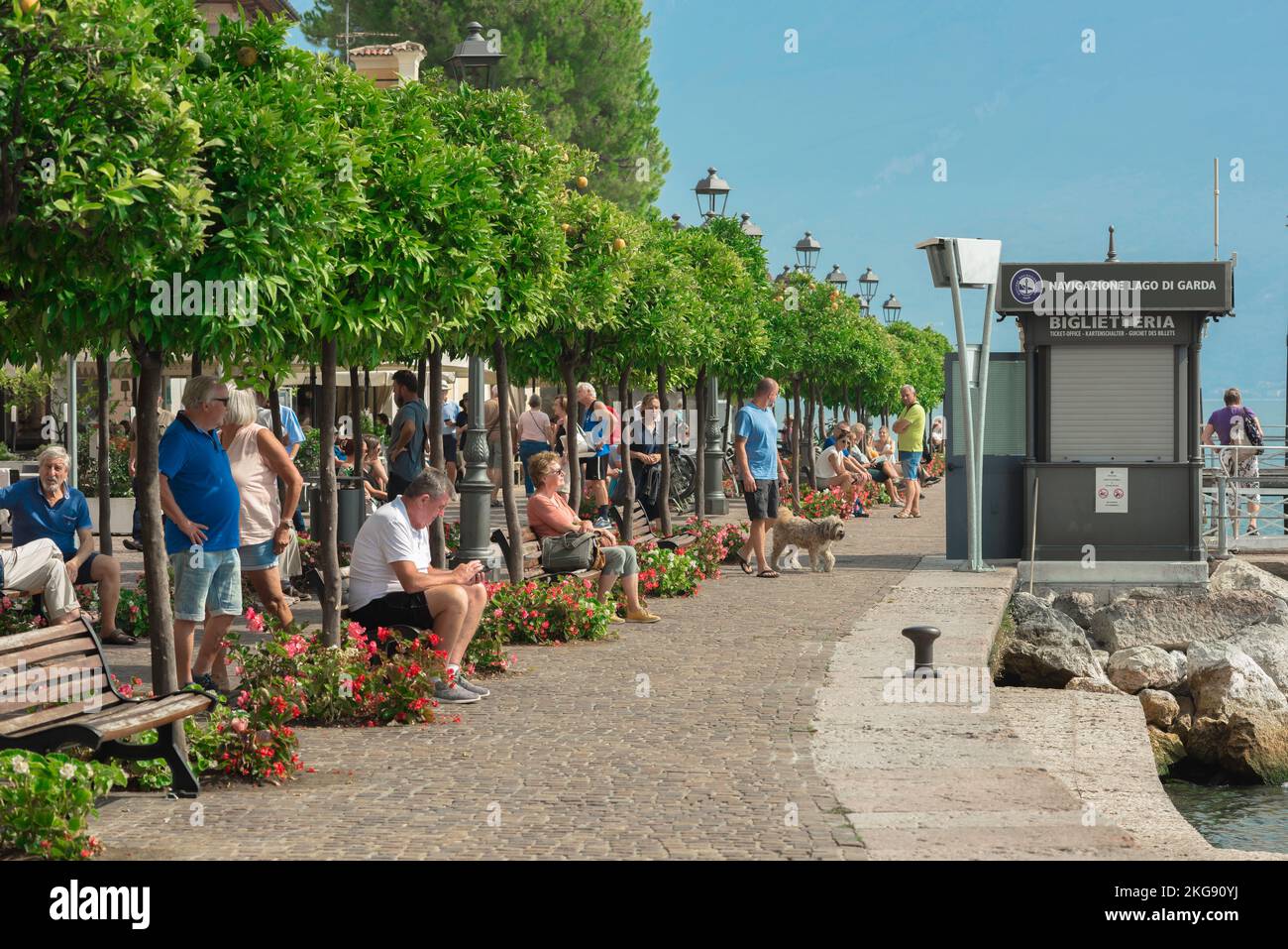 Gargnano Italia, vista en verano de la gente que se relaja junto a los naranjos que bordean la zona frente al lago en la pintoresca ciudad de Gargnano, Lombardía Foto de stock