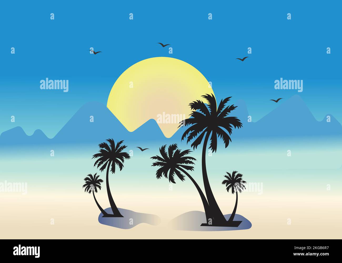 palmeras, sol, playa y paisaje vectorial de montaña Ilustración del Vector