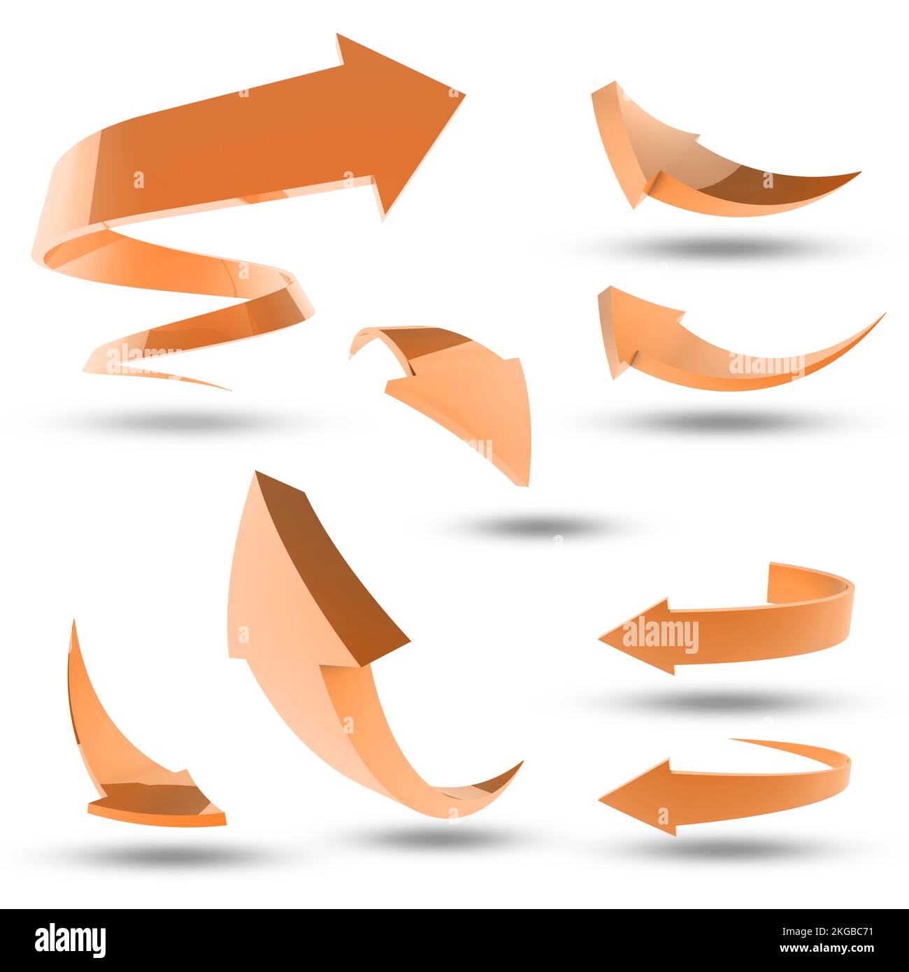 Direcciones naranjas. Gráfico informático de una colección de flechas sobre fondo blanco. Foto de stock