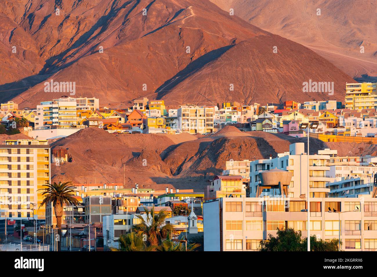 Casas coloridas en las colinas secas de la costa del desierto de Atacama en la ciudad de Antofagasta, Chile Foto de stock