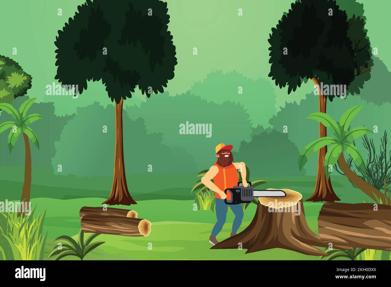 lumberjack con una motosierra dentro de una selva cortando árboles. Leñador dentro de una densa selva con vector motosierra eléctrica. tronco de aserrado lumberjack Ilustración del Vector