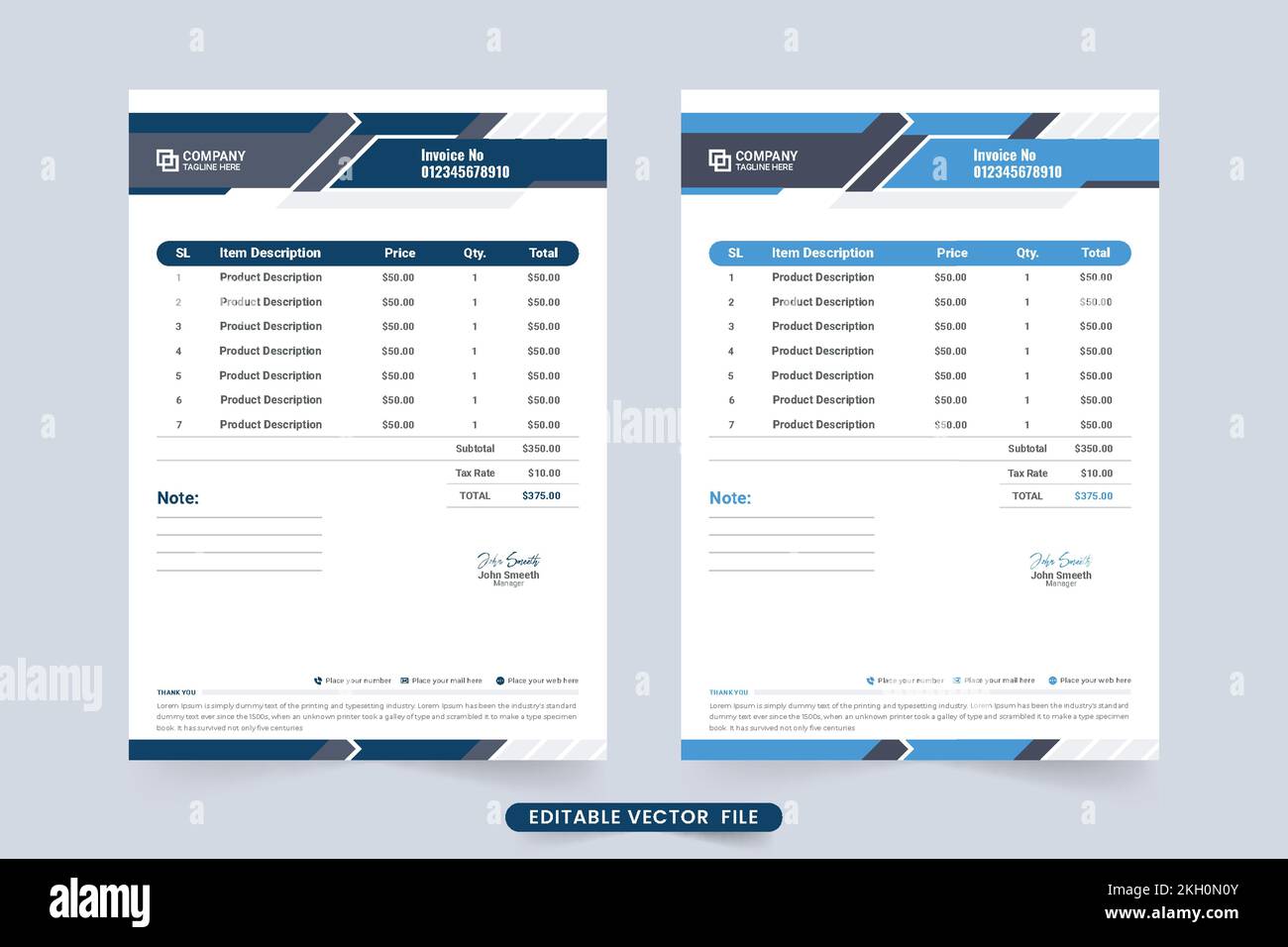 Vector creativo de factura empresarial corporativa y de recepción de precios.  Plantilla de factura y diseño de papel de acuerdo de pago en color azul.  Precio profesional Imagen Vector de stock -