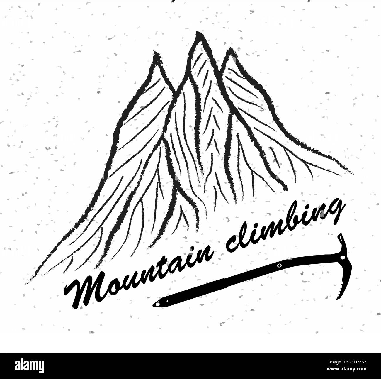 Montañas y hacha de hielo con texto Escalada de montaña, logotipo de ilustración vectorial, blanco y negro Ilustración del Vector
