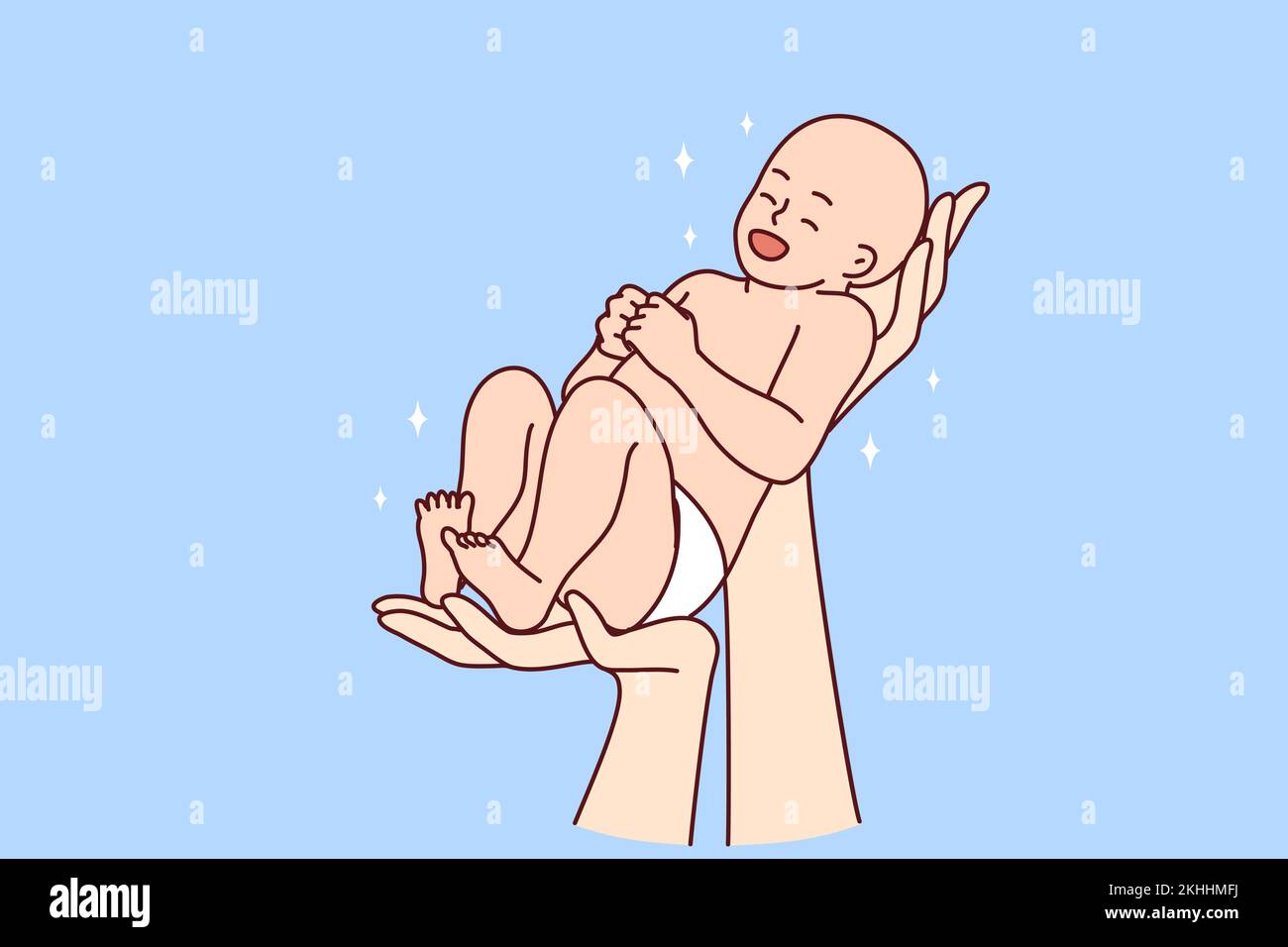 Primer plano de las manos sosteniendo sonriente lindo bebé recién nacido. Padre con niño infante emocionado acerca de la paternidad. Concepto de parto. Ilustración vectorial. Ilustración del Vector