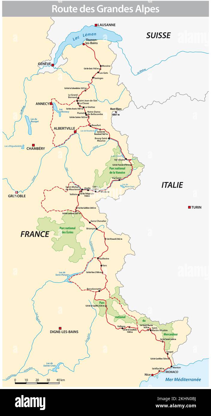 Mapa de la Route des Grandes Alpes Foto de stock