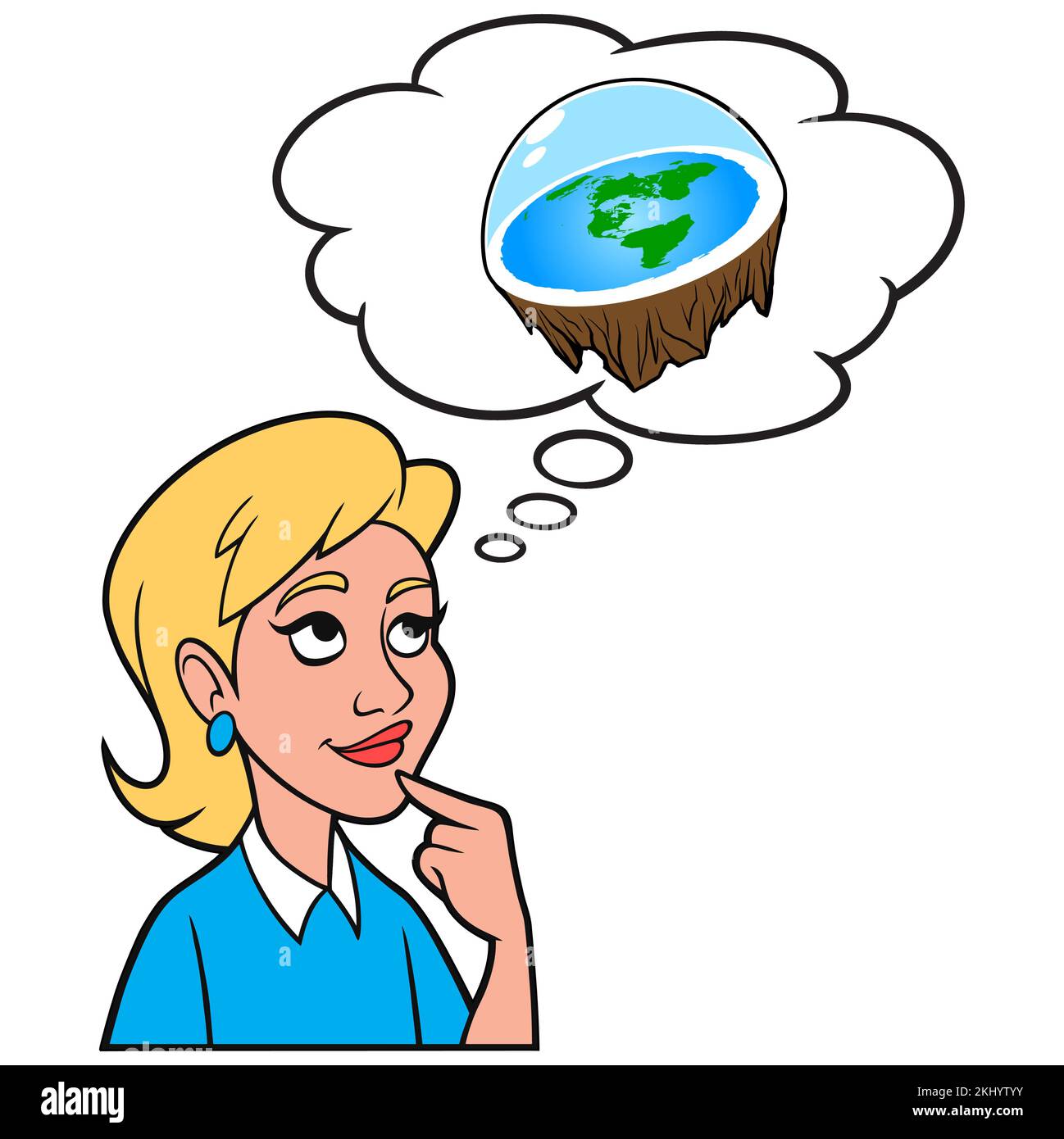 Niña pensando en la Teoría de la Tierra Plana - Una ilustración de dibujos animados de una niña pensando en el concepto de la Teoría de la Tierra Plana. Ilustración del Vector