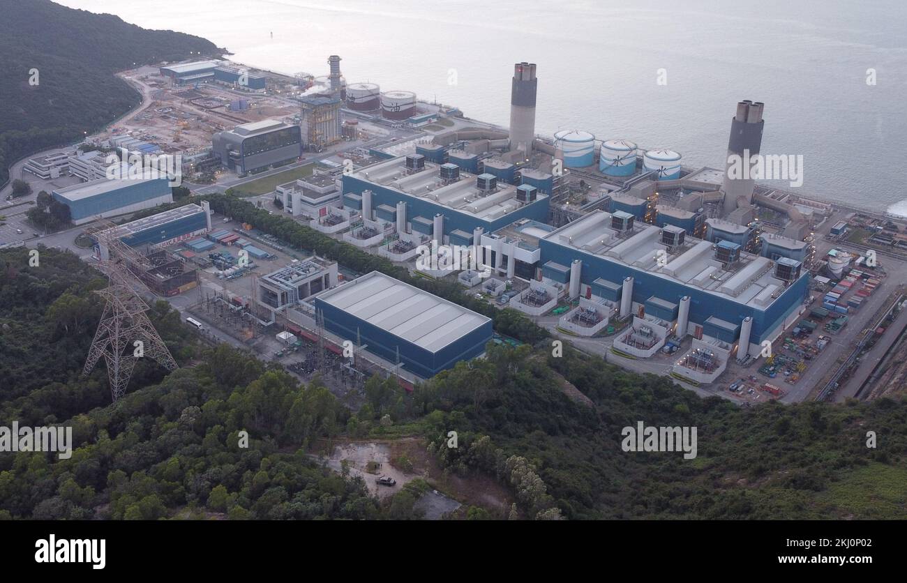 Una vista general de la Central Eléctrica Black Point de CLP Power es una  central eléctrica a gas en Lung Kwu Tan, Nuevos Territorios, la Central  Eléctrica Black Point (BPPS), es la
