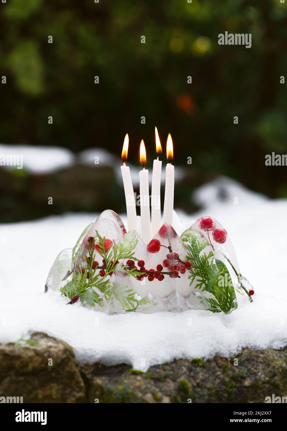 Corona de Navidad congelada hecha a mano en forma de torta bundt hecha de hielo, bayas rojas rosas caderas, ramas acebo baya y thuja ramitas con cuatro quema ca Foto de stock