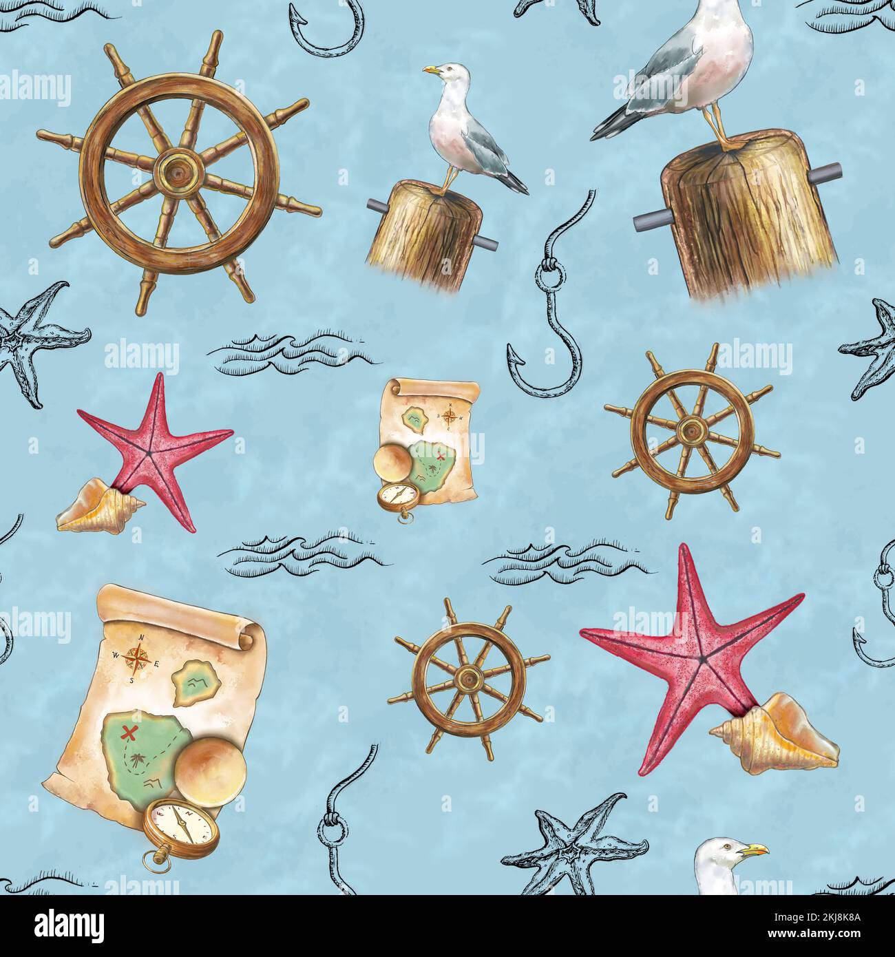 Patrón de temática náutica con elementos dibujados a mano, como gaviota, estrellas de mar, mapa y brújula antiguos, rueda de timón y otros objetos decorativos. Digita Foto de stock