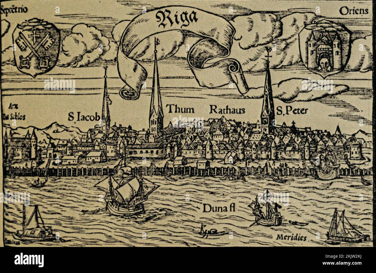 Vista de la ciudad de Riga. Grabado de Cosmografía por Sebastian Munster - es la primera descripción en alemán del mundo. Siglo 16th. Foto de stock