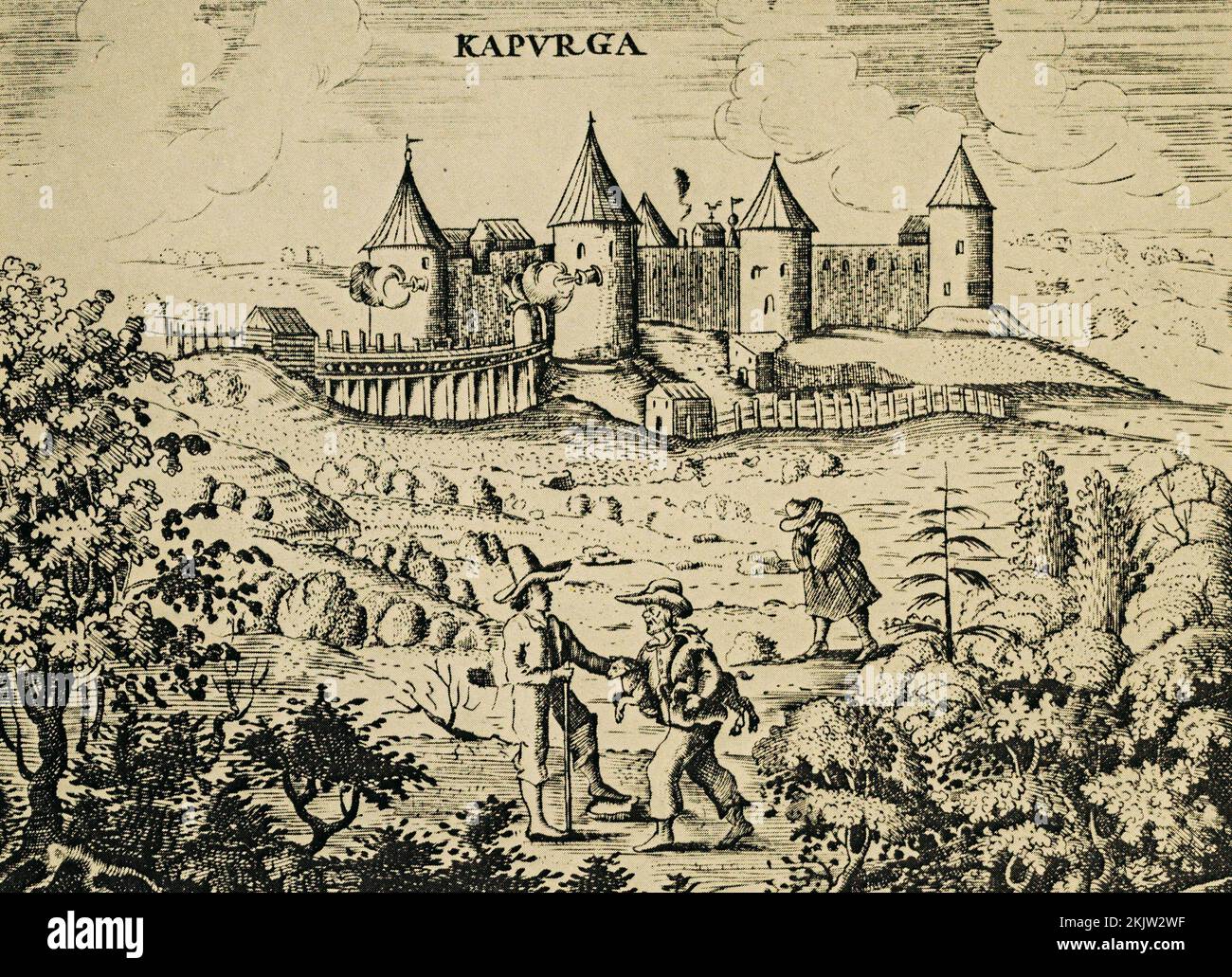 Fortaleza en Koporye. Grabado del viaje de Adán Olearius, siglo 17th. Adam Olearius fue un erudito alemán, matemático, geógrafo y Libr Foto de stock