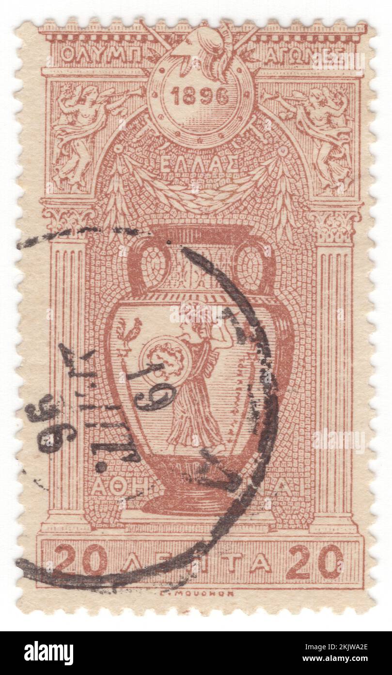 GRECIA - 1896: Un sello postal rojo-marrón de 20 lepta que representa a Vase Pallas Athene (Minerva), diosa de la sabiduría, la guerra, y la artesanía. Miembro de los Doce Olimpianos. 1st Juegos Olímpicos Internacionales de la era moderna, celebrados en Atenas. Los Juegos Olímpicos de Verano de 1896, oficialmente conocidos como los Juegos de la I Olimpiada y comúnmente conocidos como Atenas 1896, fueron los primeros Juegos Olímpicos internacionales celebrados en la historia moderna. Organizado por el Comité Olímpico Internacional (COI), creado por el aristócrata francés Pierre de Coubertin, se celebró en Atenas, Grecia, del 6 al 15 de abril de 1896 Foto de stock