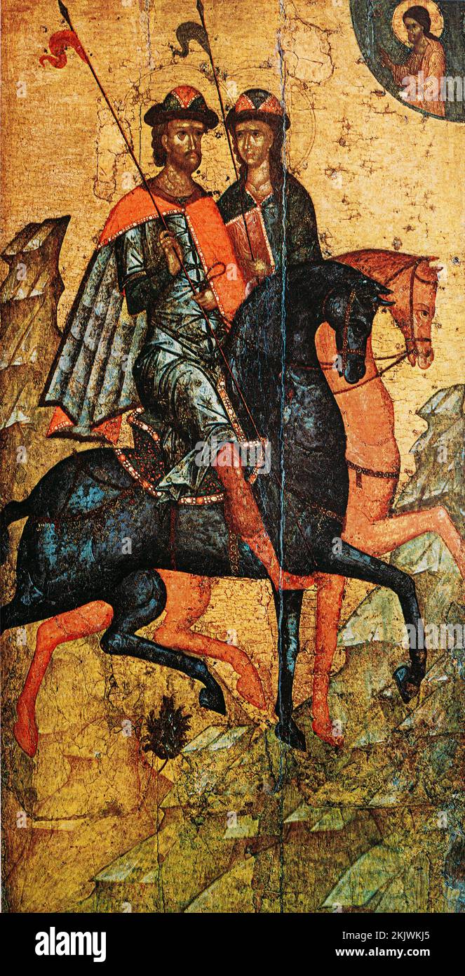 Viejo icono ruso Santos Boris y Gleb a caballo, siglo 16th. Fueron asesinados por su hermano Svyatopolk durante la División de Poder Político de Foto de stock