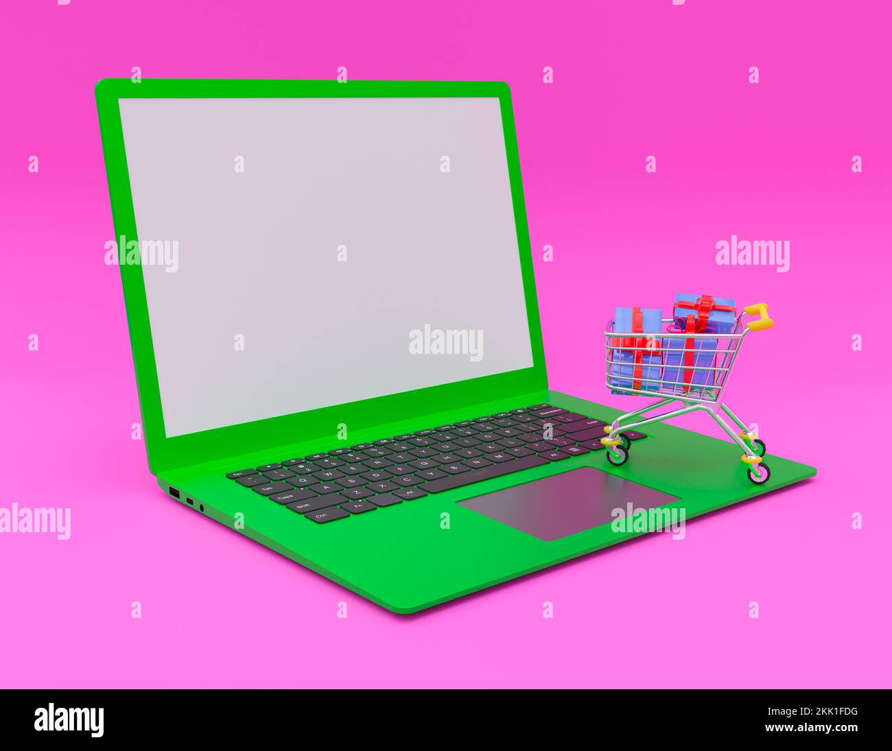 Una representación 3D de un de la compra con cajas de regalo en un portátil verde sobre un fondo rosa stock - Alamy