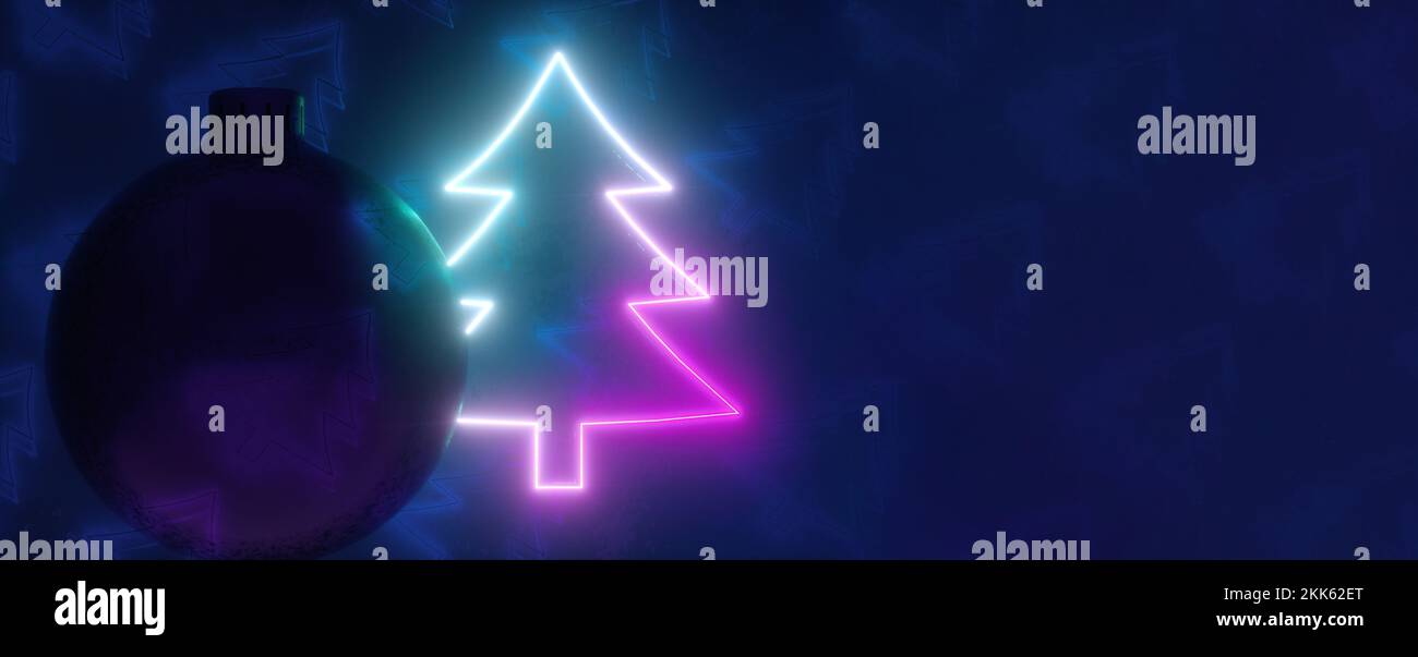Bola de Navidad y árbol de navidad de neón, renderizado en 3D, feliz año nuevo fondo, diseño panorámico Foto de stock
