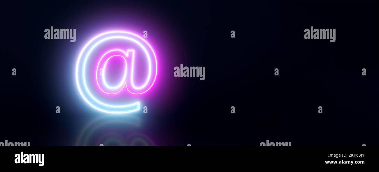símbolo de dirección de correo electrónico de neón, procesamiento en 3d, diseño panorámico Foto de stock