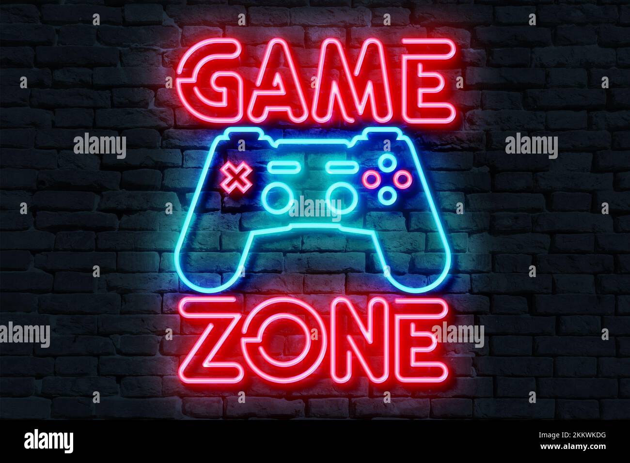 Zona de juego Neon Sign 3D ilustración sobre un fondo de ladrillo oscuro. Foto de stock