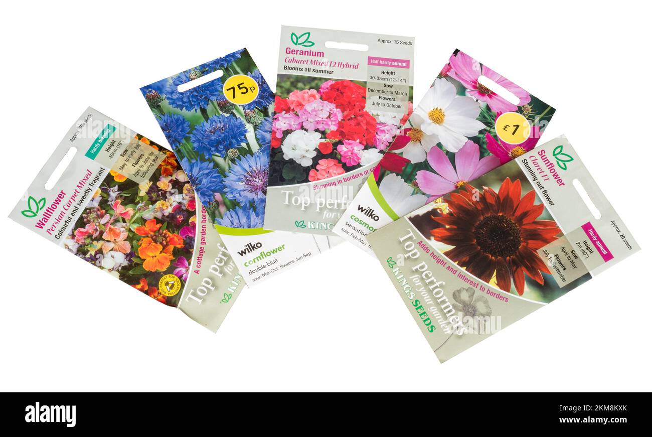 Colección de paquetes de semillas de flores aisladas sobre un fondo blanco Foto de stock
