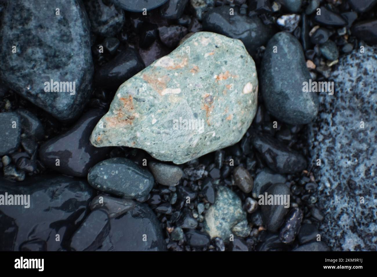 Un primer plano de una roca de colores brillantes entre rocas de color oscuro en una playa de la Antártida. Foto de stock