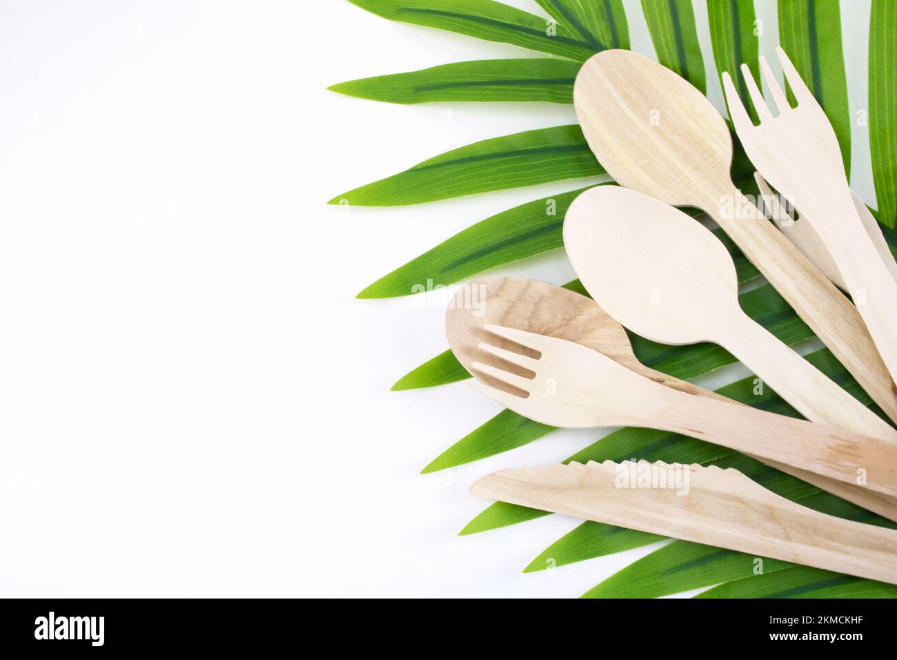 utensilios de cocina desechables ecológicos sobre un fondo blanco, cerca de un helecho verde o una hoja de palma. tenedor, cuchara y cuchillo de madera. Ecología, sin residuos conc Foto de stock