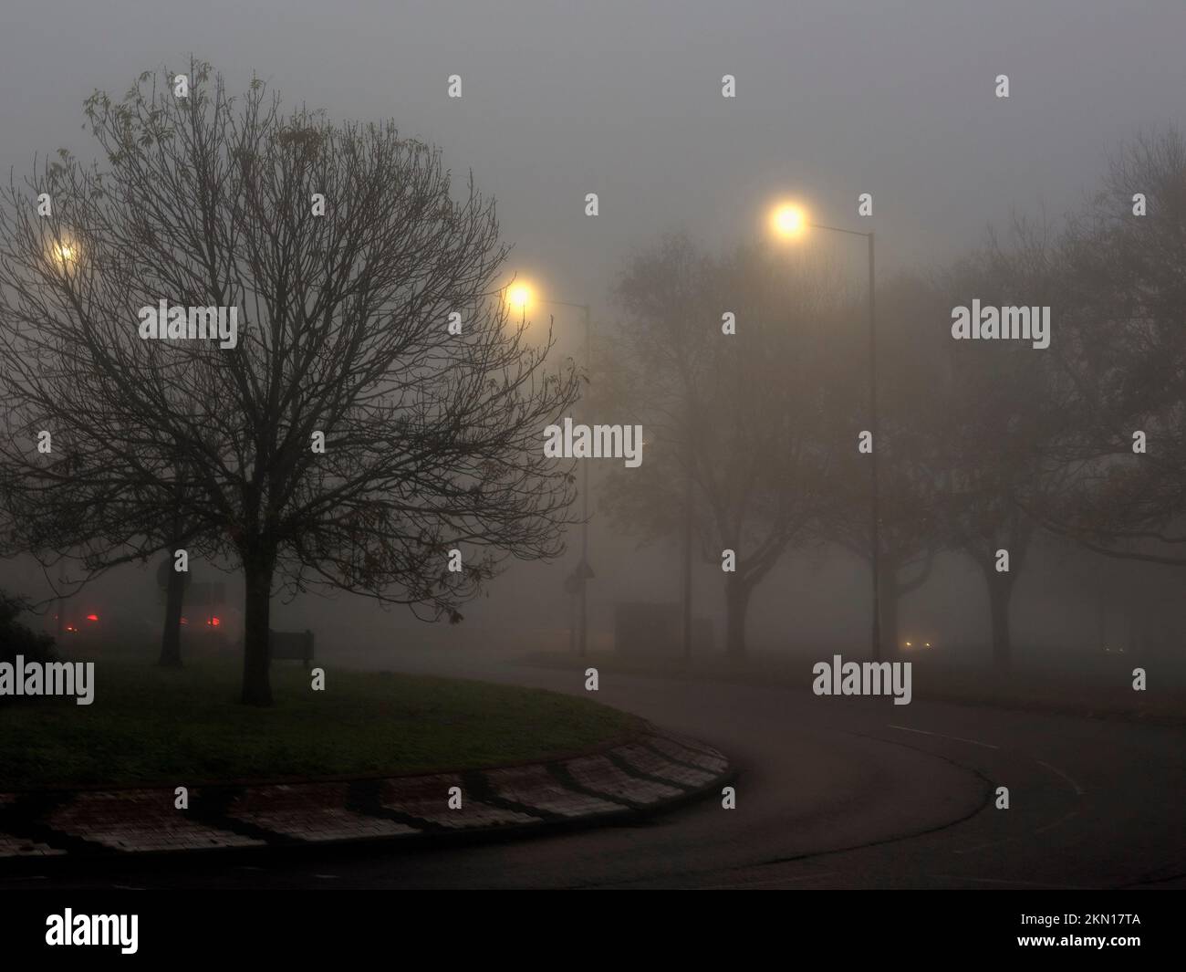 Carretera urbana en una mañana de niebla con árboles de invierno y farolas Foto de stock