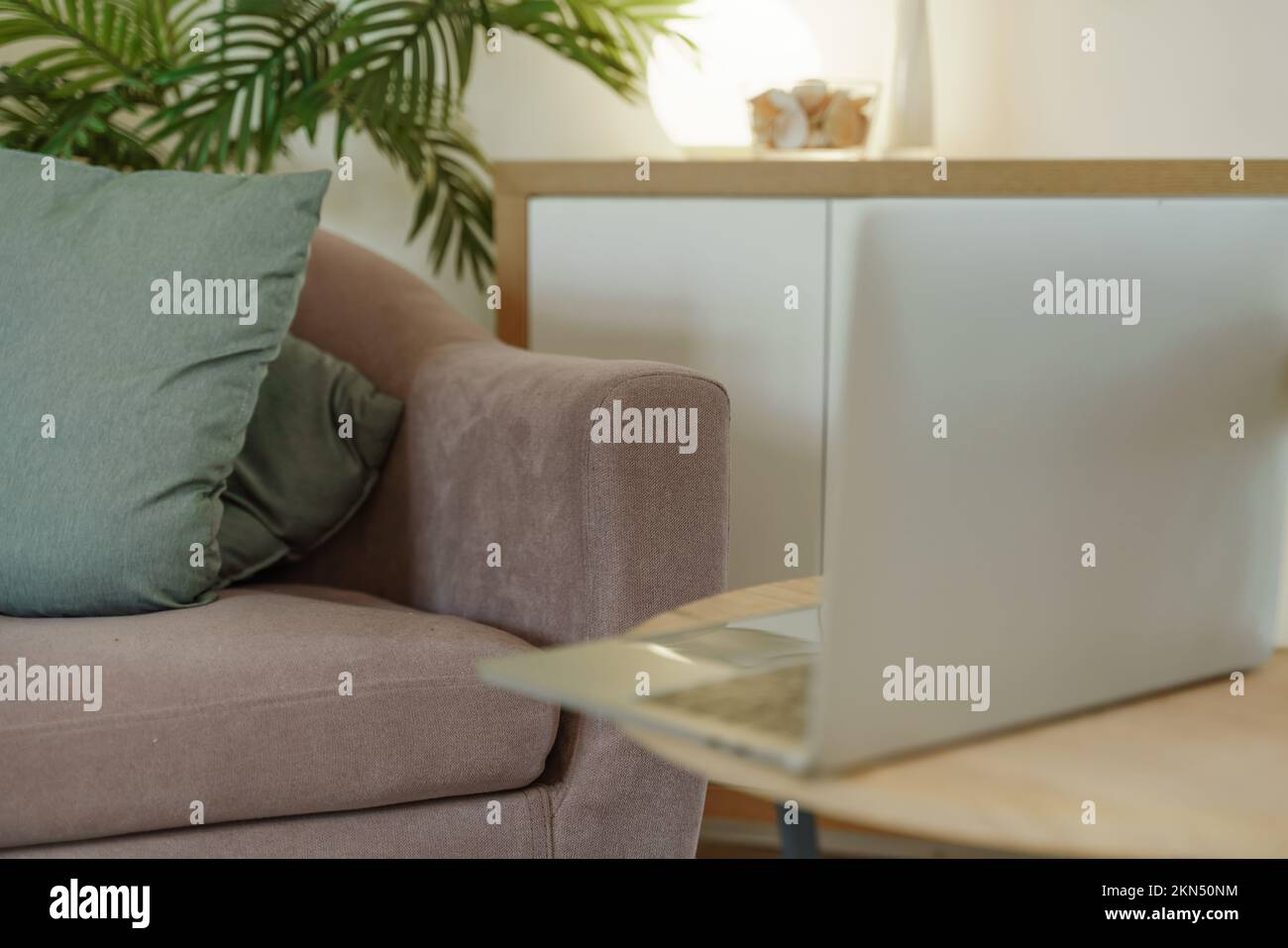 Lugar de trabajo cómodo con un ordenador portátil en la oficina y en casa. Habitación luminosa con grandes ventanas, estantería y planta verde. Trabajo remoto, independiente. Foto de stock