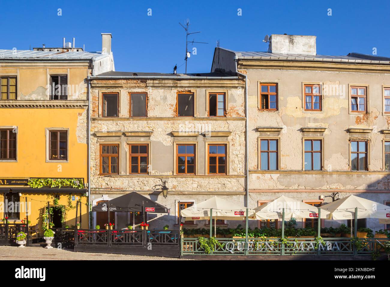 Restaurantes en la plaza del mercado de Lublin, Polonia Foto de stock