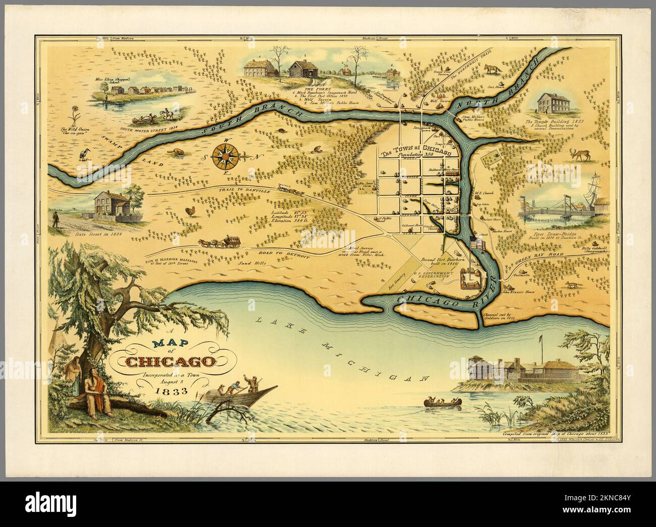 Plano de la ciudad vintage de Chicago y el área alrededor de ella desde el siglo 19th. Los mapas están bellamente ilustrados a mano y grabados mostrándolo en el momento. Foto de stock