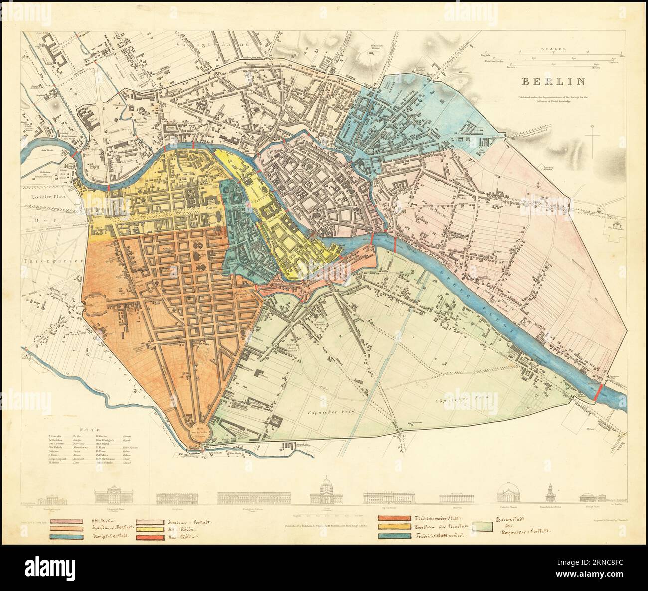 Plano de la ciudad vintage de Berlín y el área alrededor de ella desde el siglo 19th. Los mapas están bellamente ilustrados a mano y grabados mostrándolo en el momento. Foto de stock