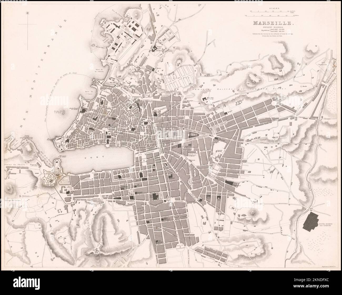 Plano de la ciudad vintage de Marsella y el área alrededor de él siglo from19th. Los mapas están bellamente ilustrados a mano y grabados que muestran la ciudad en el momento. Foto de stock