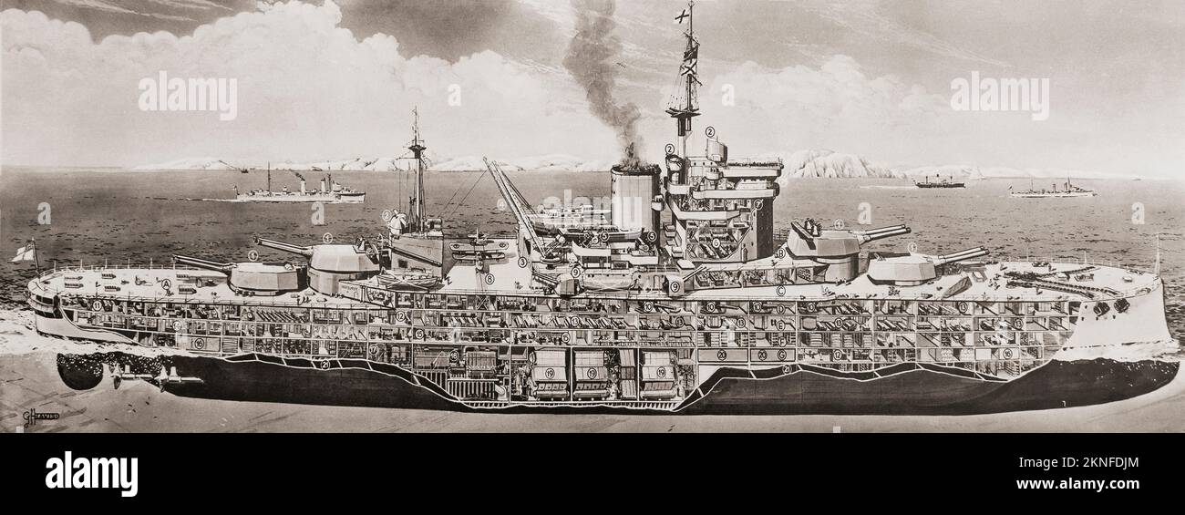 Un dibujo recortado de la fama del HMS Warspite de Narvik, que muestra las principales características de su nuevo diseño, incluidos hangares para aviones y un enorme puente de torre. De los buques de guerra británicos de la Royal Navy, publicado en 1940. Foto de stock