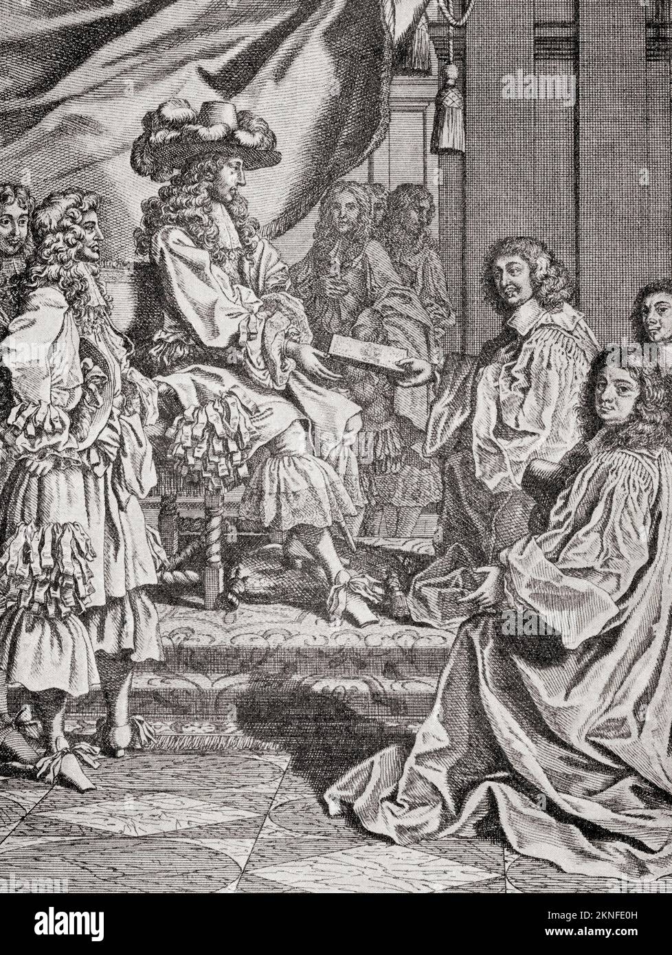 Luis XIV recibe una dirección a su entrada en París, 1660. Luis XIV, 1638 – 1715, alias Luis el Grande o el Rey Sol. Rey de Francia, 1643 -1715. De Modos y Maneras, publicado en 1935. Foto de stock