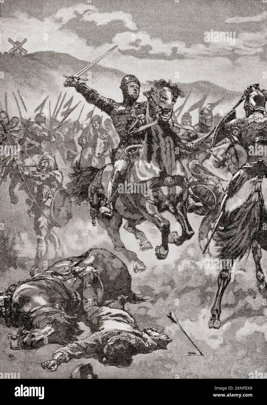 El Príncipe Negro en la Batalla de Crécy, 26 de agosto de 1346. Eduardo de Woodstock, también conocido como el Príncipe Negro, 1330 – 1376. Hijo mayor del rey Eduardo III de Inglaterra. De Historia de Inglaterra, publicado en 1907 Foto de stock