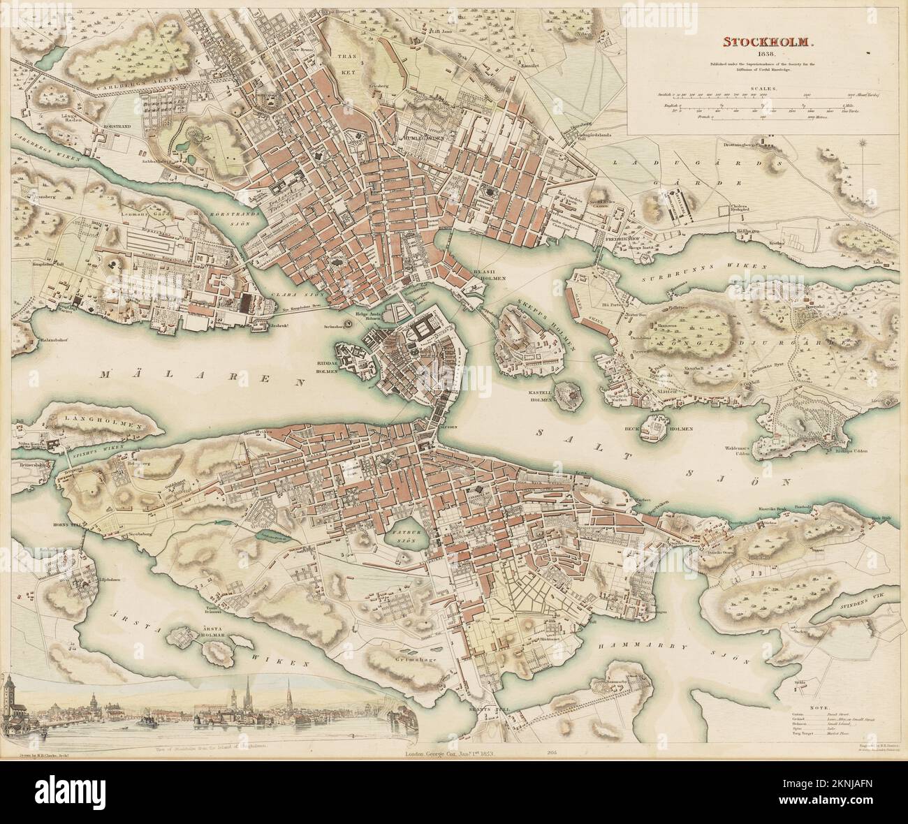 Plano de la ciudad vintage de Estocolmo y el área alrededor de ella desde 1836. Los mapas están bellamente ilustrados a mano y grabados que muestran la ciudad en el momento. Foto de stock