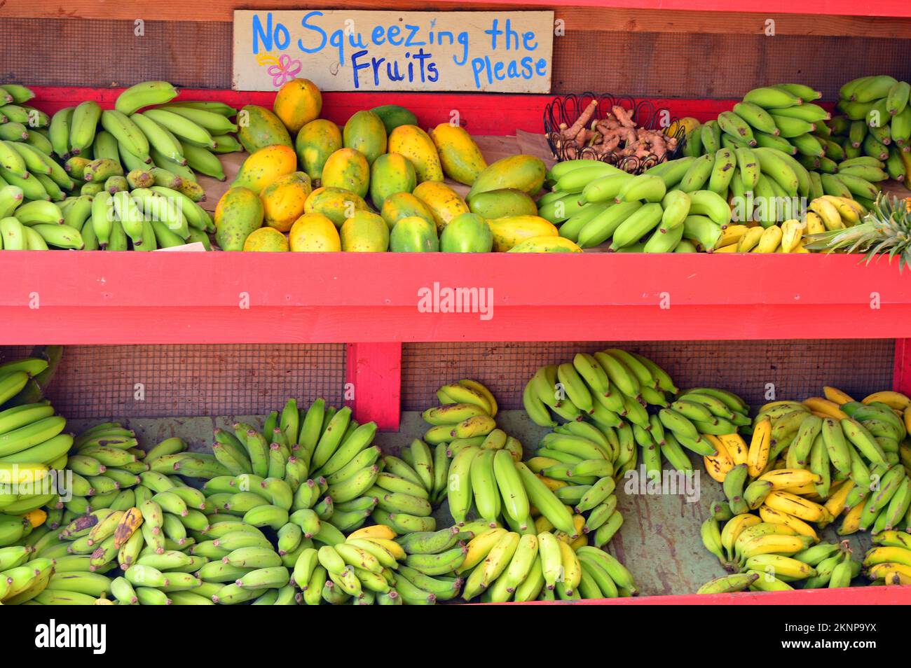 Los plátanos y las guayabas están tan maduros; se recuerda a los clientes que eviten el impulso de apretar Foto de stock