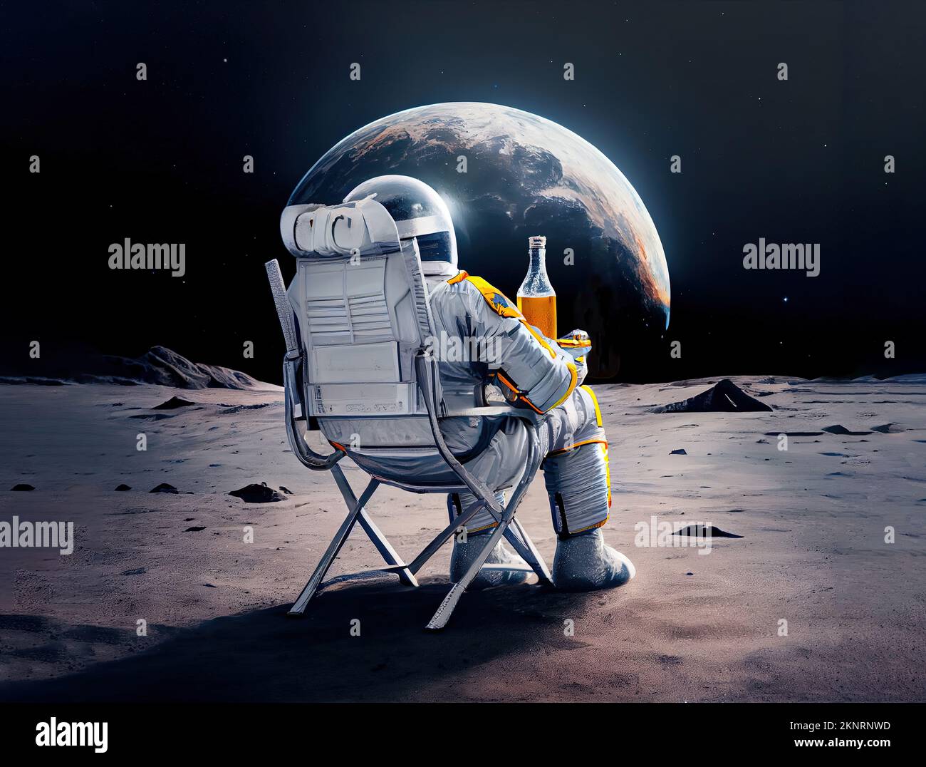 Astronauta en la luna disfrutando de una cerveza y relajándose mientras observaba el planeta Tierra. Concepto después del trabajo. Arte conceptual generado digitalmente Foto de stock