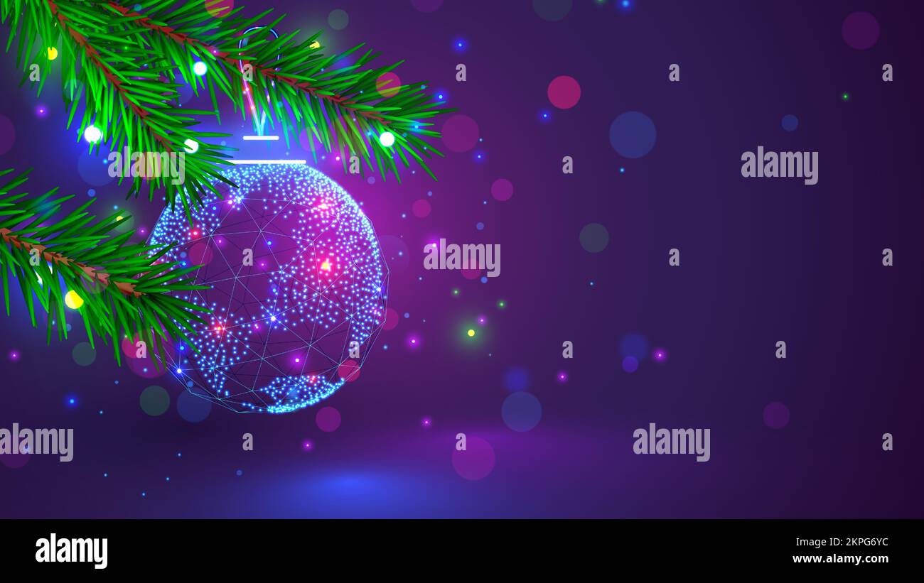 Tarjeta Feliz Navidad y Feliz Año Nuevo en estilo de tecnología informática. Bola de Navidad con forma de globo en el árbol de navidad de cerca. Nueva tecnología Ilustración del Vector