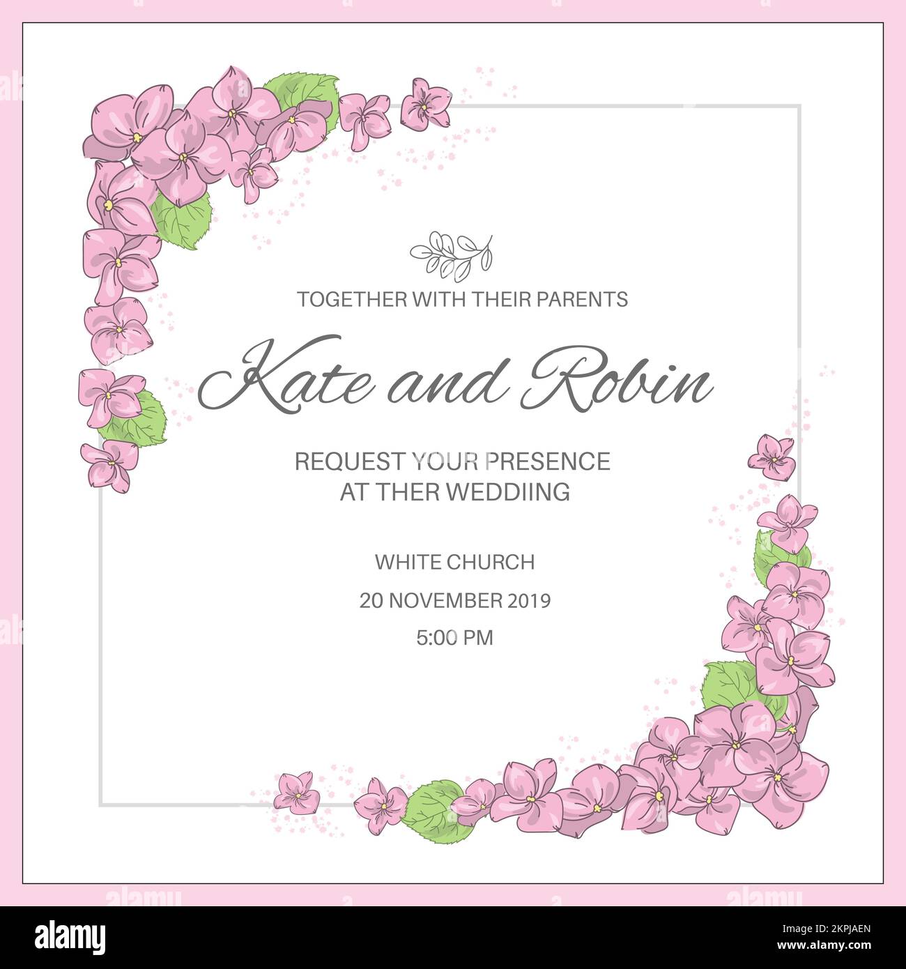 WEDDING INVITE Frame Template con composiciones de flores rosadas en las esquinas con texto en el centro de dibujos animados Clip Art Vector Illustration Set for Print Ilustración del Vector