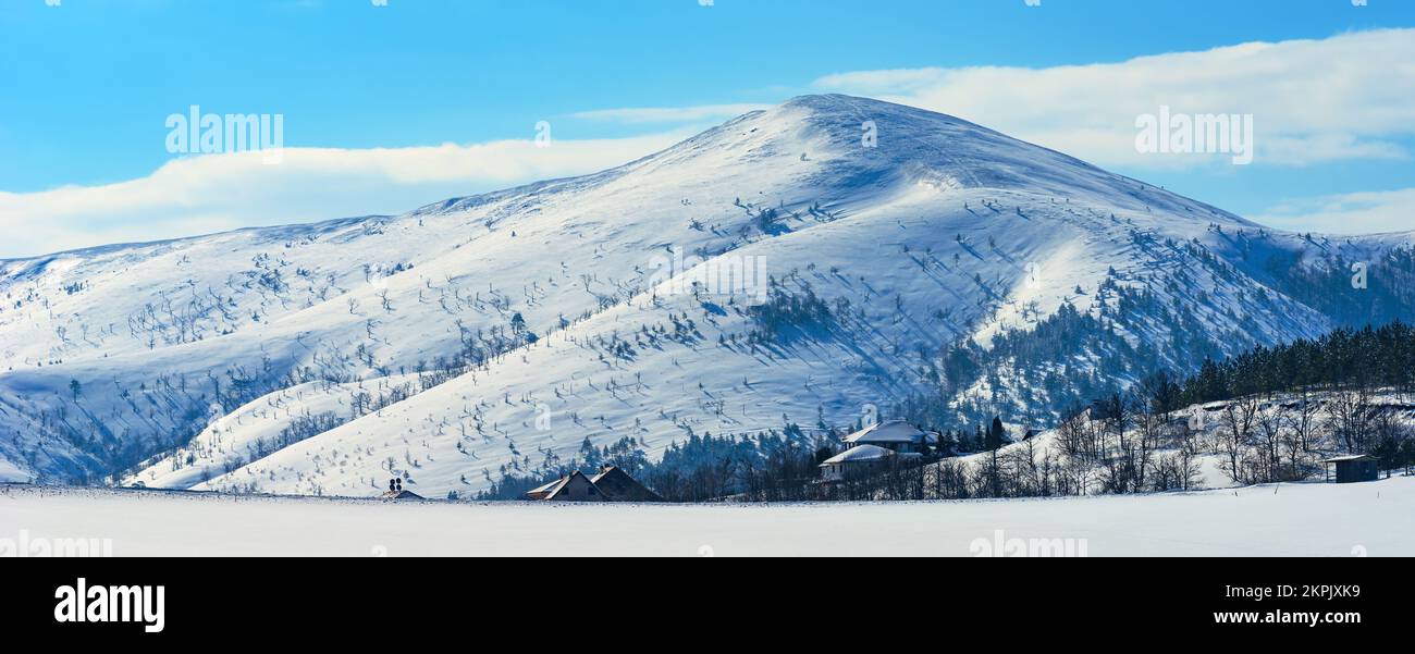Nieve en el paisaje de montaña de Zlatibor en invierno, casas y árboles en las colinas en este popular destino turístico serbio Foto de stock