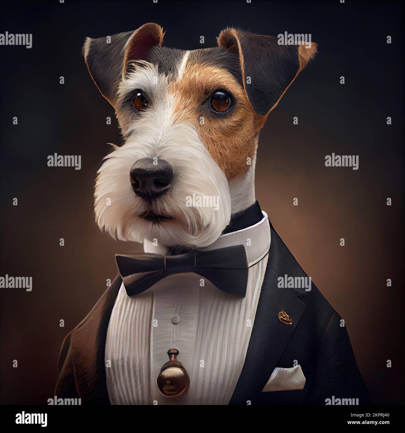Estudio antropomórfico de un lindo perro de Fox Terrier en un traje. Ilustración generada digitalmente. Foto de stock