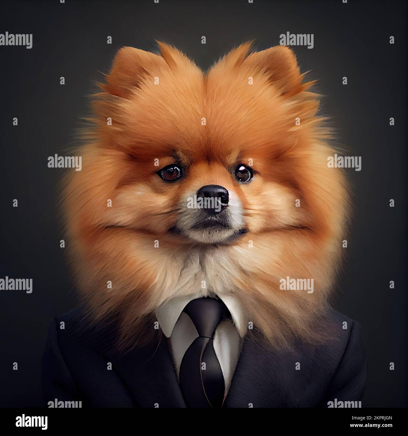 Estudio antropomórfico de un lindo perro Pomeranian en un traje. Ilustración generada digitalmente. Foto de stock