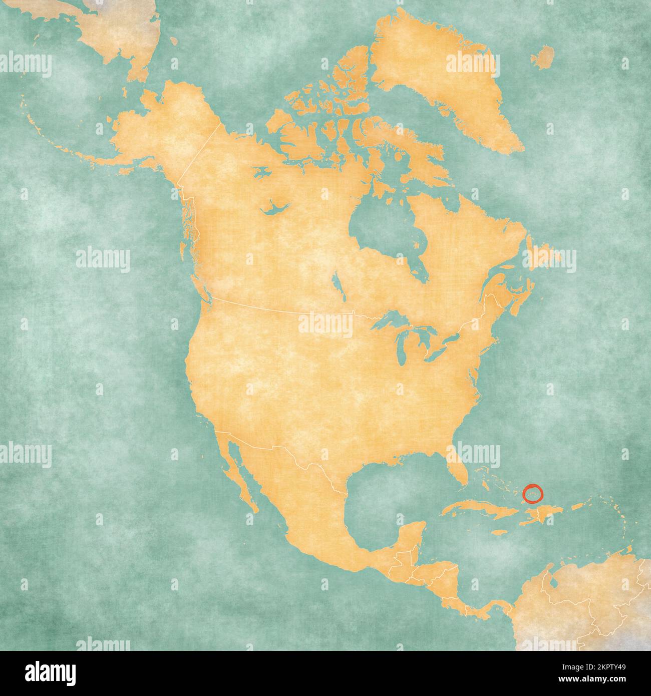 Islas Turcas y Caicos en el mapa de América del Norte en suave grunge y