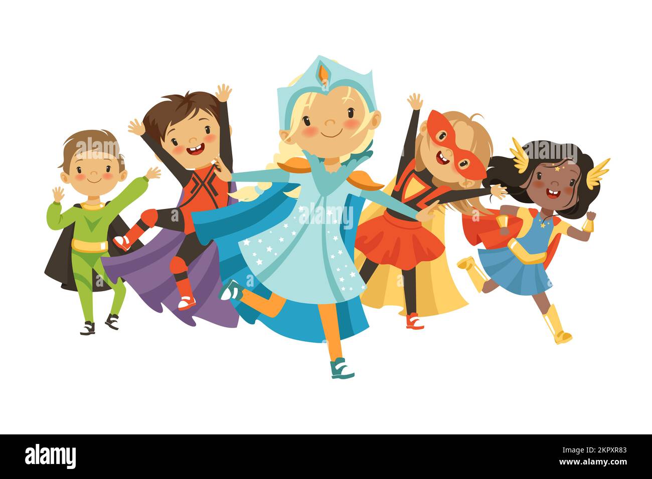 Héroes para niños. niños con disfraces de superhéroes de pie en acción plantea. Personajes de dibujos animados vectoriales Imagen Vector de stock - Alamy Héroes para niños. niños con disfraces de superhéroes de pie en acción plantea. Personajes de dibujos animados vectoriales Imagen Vector de stock - Alamy
