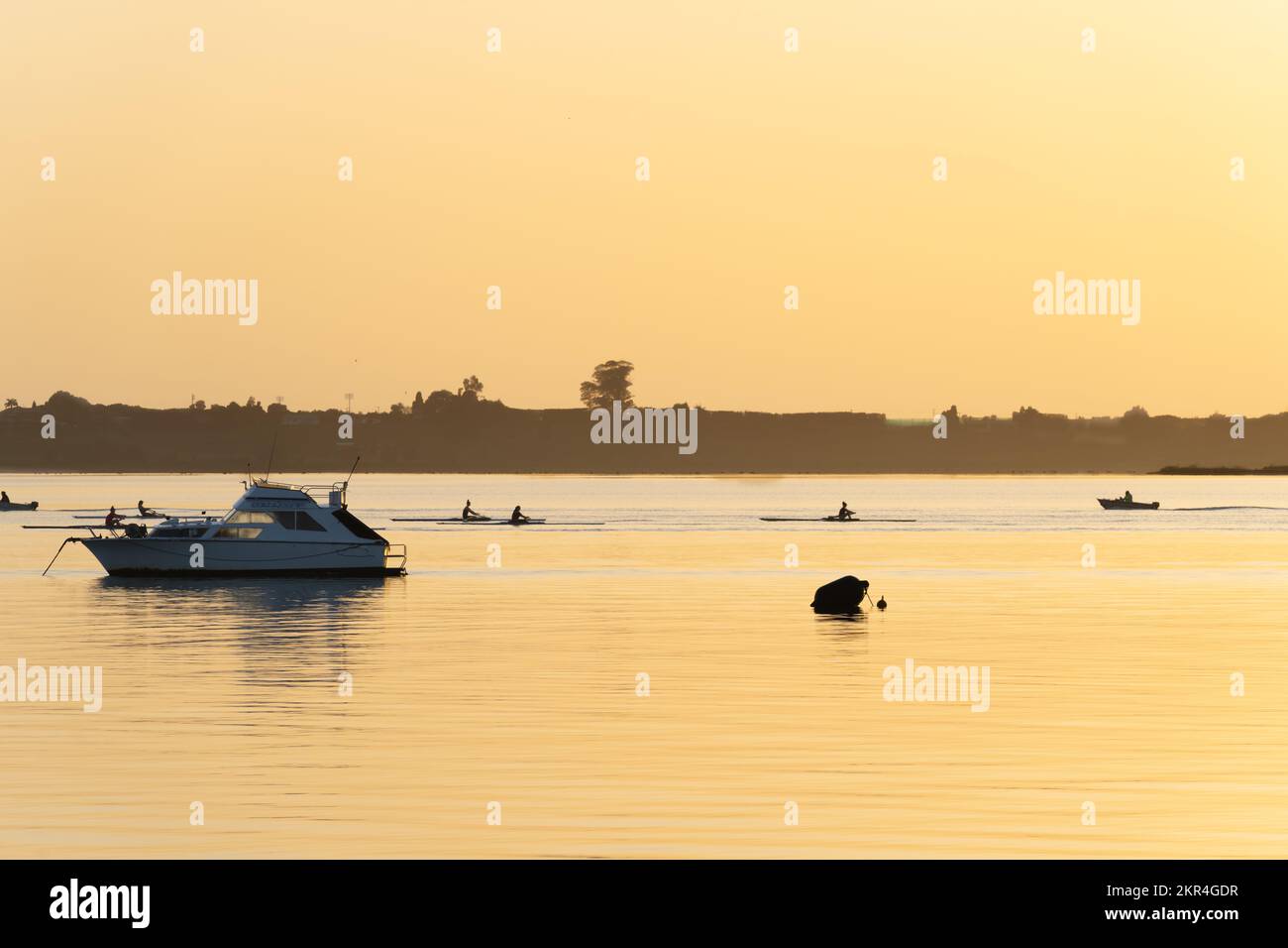 Tonos dorados del amanecer frente al mar en el centro de Tauranga sobre aguas tranquilas del puerto Foto de stock