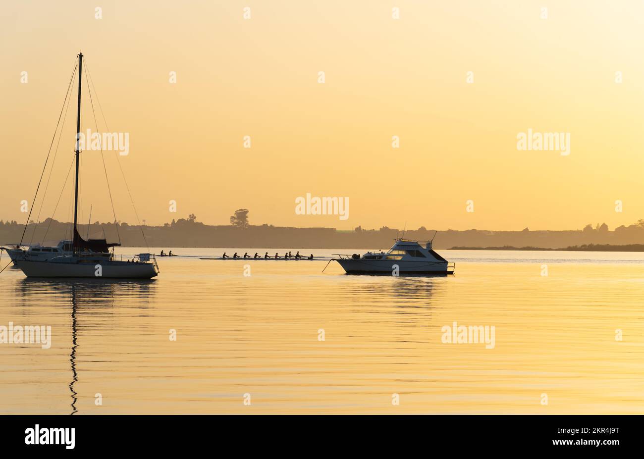 Tonos dorados del amanecer frente al mar en el centro de Tauranga sobre aguas tranquilas del puerto Foto de stock